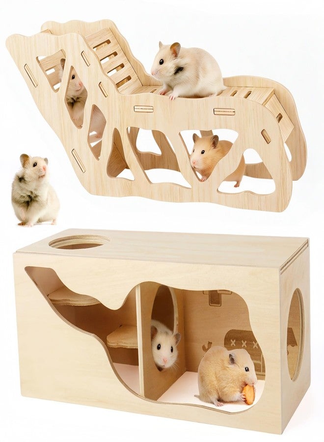 Dmnnlp 2Pcs Hamster House and Tunnel, Wooden Exploring Tunnel with Ladder, Small Animal Playground Exploring Toys for Syrian Dwarf Hamsters Gerbils Guinea Pig - Image 1